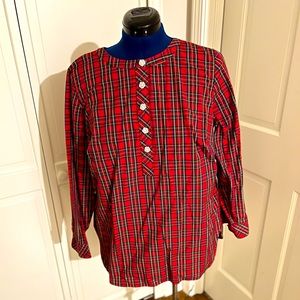 Talbots 1X red tartan blouse with rhinestone buttons